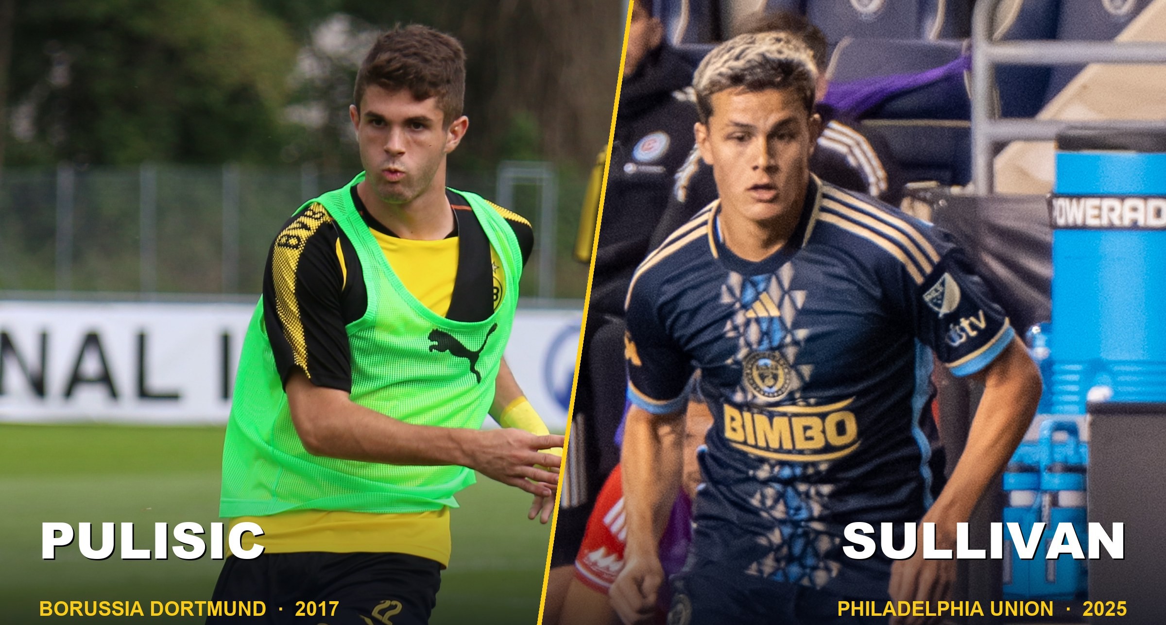 Christian Pulisic in a Borussia Dortmund training kit in 2017 alongside Cavan Sullivan playing for the Philadelphia Union in 2025